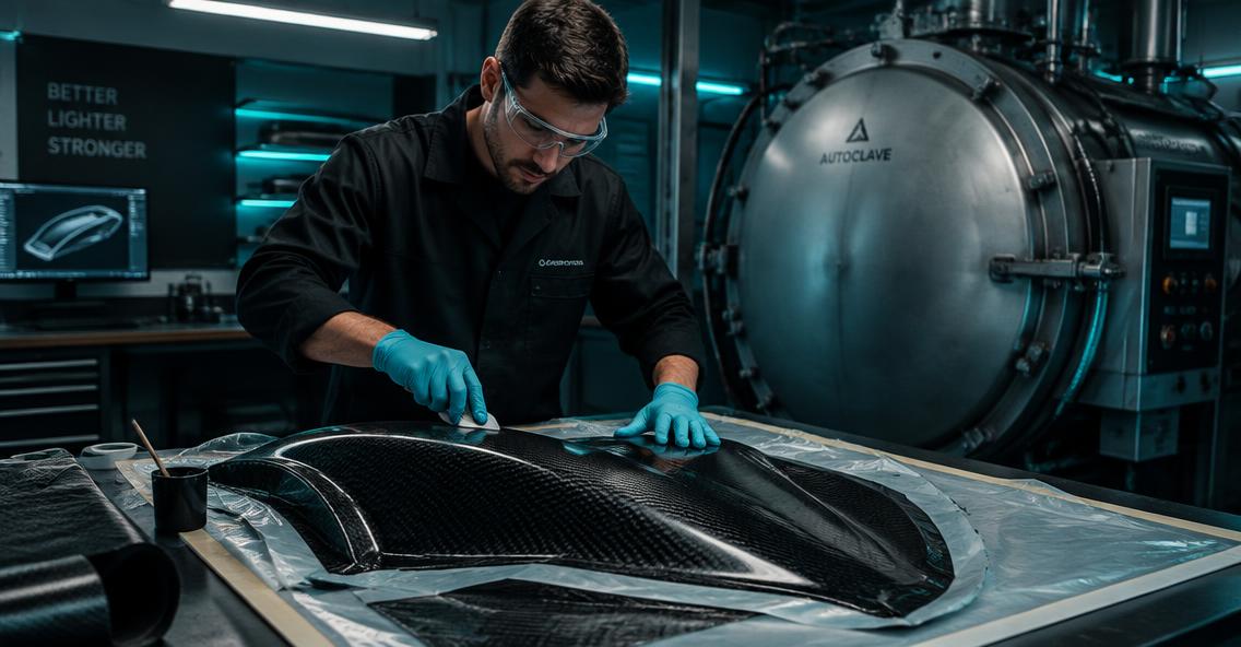 Técnico laminando una pieza de fibra de carbono junto al autoclave